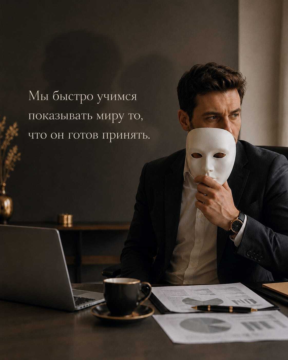 Человек в офисе держит маску — образ социальной роли и скрытых частей личности