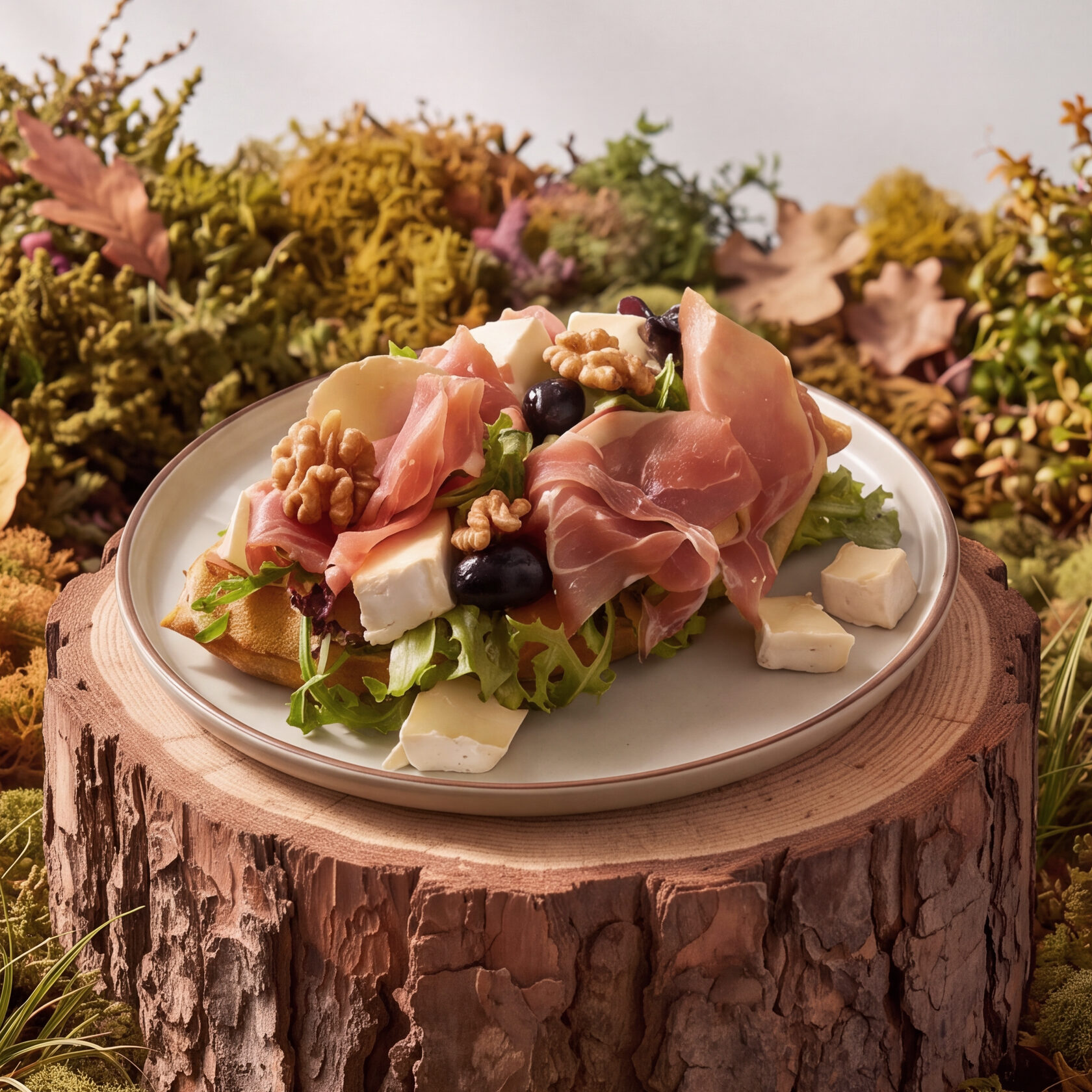 Seasonal camembert and prosciutto waffle with salad, grapes and walnuts