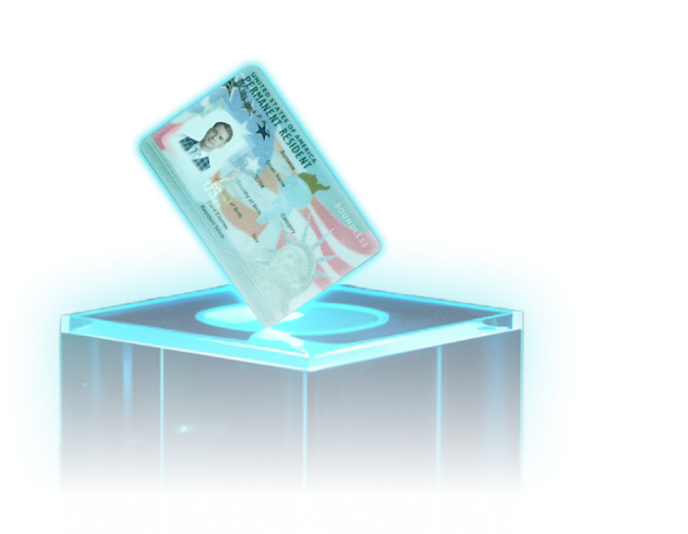 U.S. immigration card on pedestal with cyan glow