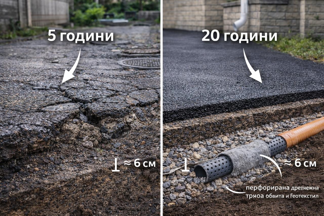 Сравнение на асфалт с еднаква дебелина (~6 см): настилка след 5 години с пукнатини срещу правилно изпълнен дренаж и основа с живот 20 години.