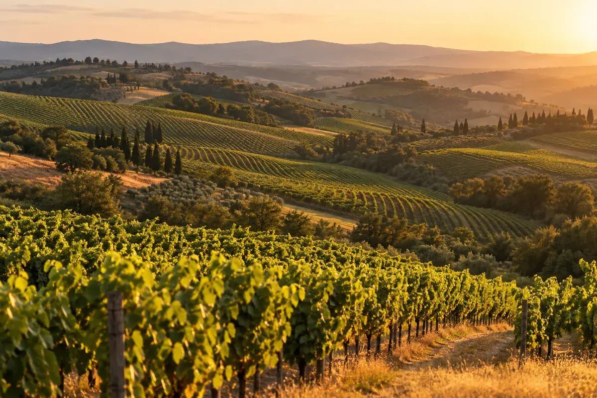 Paesaggio illustrativo di colline e vigneti al tramonto