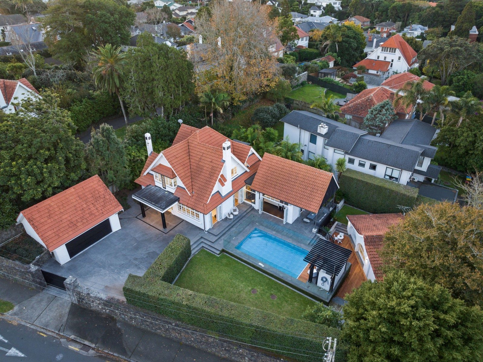 Aerial view of the completed Owens Road Epsom renovation and landscaped pool area