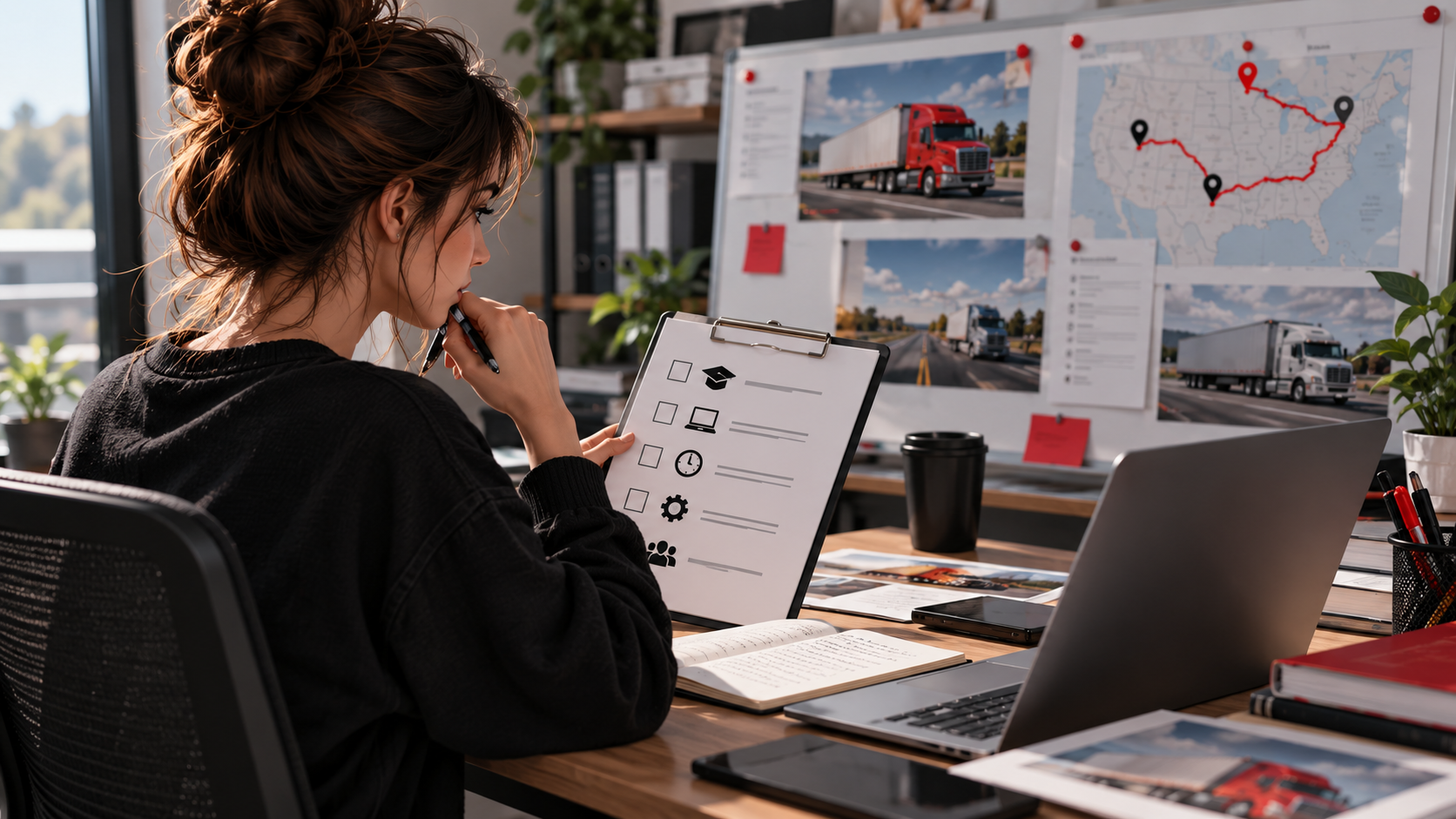 An adult learner reviewing a decision checklist before choosing a truck-dispatch training path