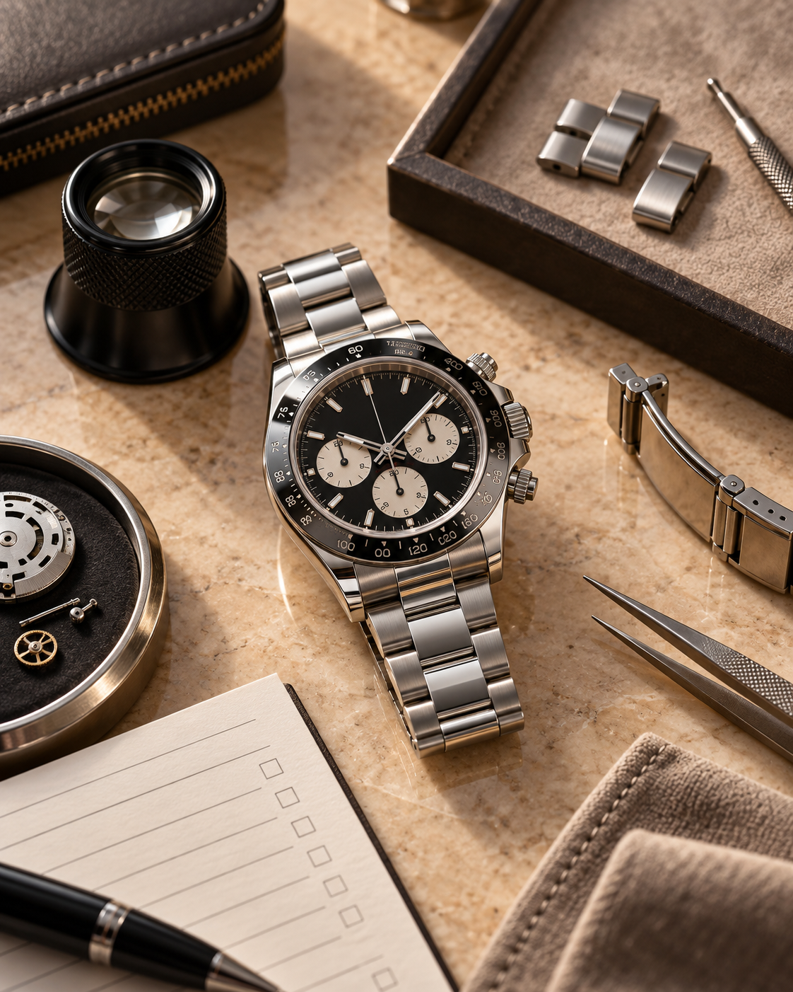 Rolex watch inspected with loupe, movement components, bracelet links and watchmaker tools before polishing or service