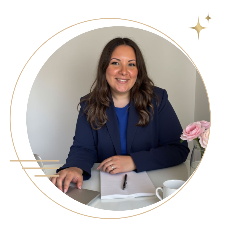 Foto profilo Valentina Web designer con camicia blu e sfondo oro