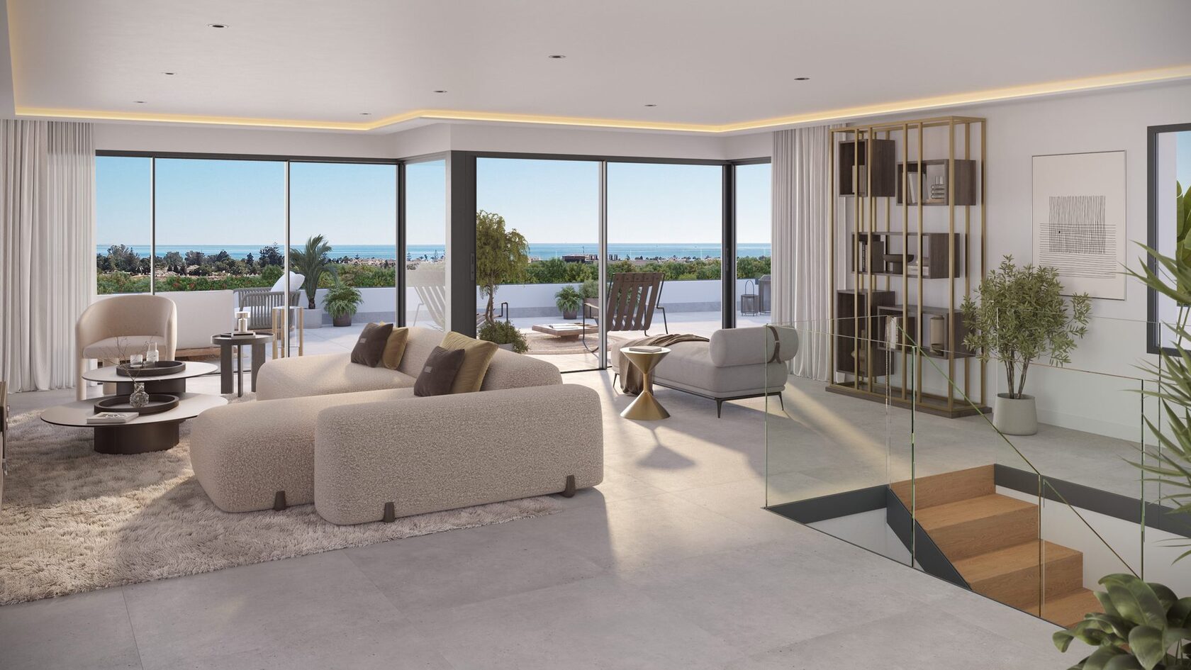 Living room with corner glazing framing the sea