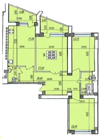 Планировка 3-комнатной квартиры в ЖК Парковый — вариант 2