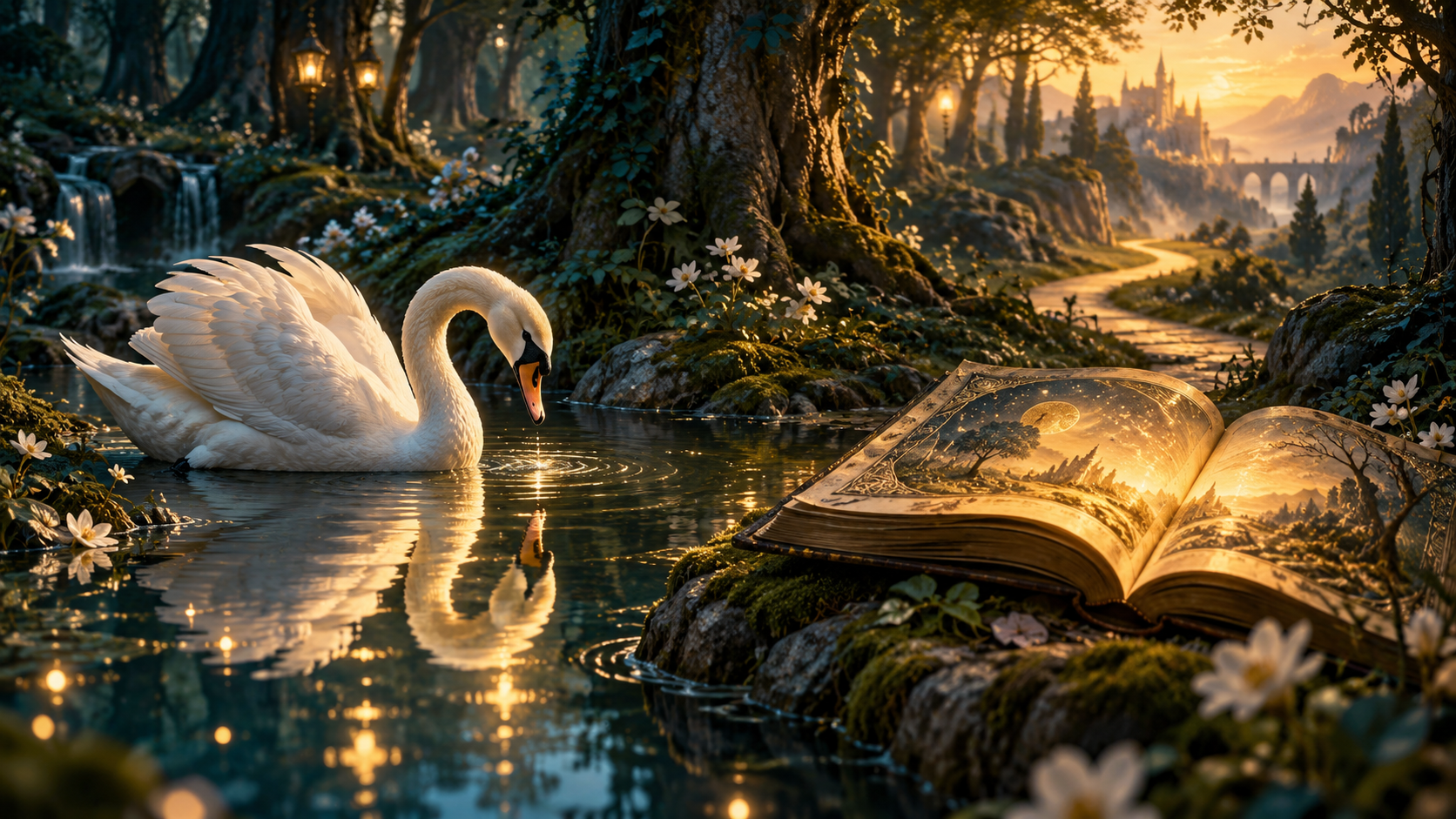 Swan and open storybook illustration