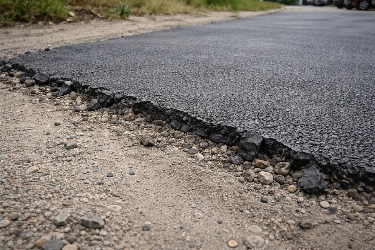 Необработени и ронещи се ръбове на асфалт след бързо и некачествено асфалтиране