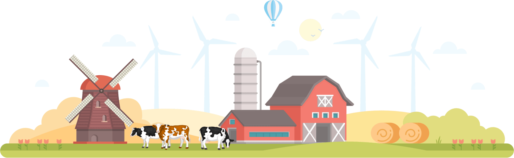 мельницы и коровы на лугу