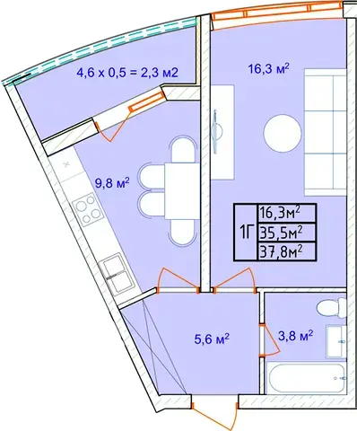 Планування 1-кімнатної квартири в ЖК Aqua Marine — варіант 4