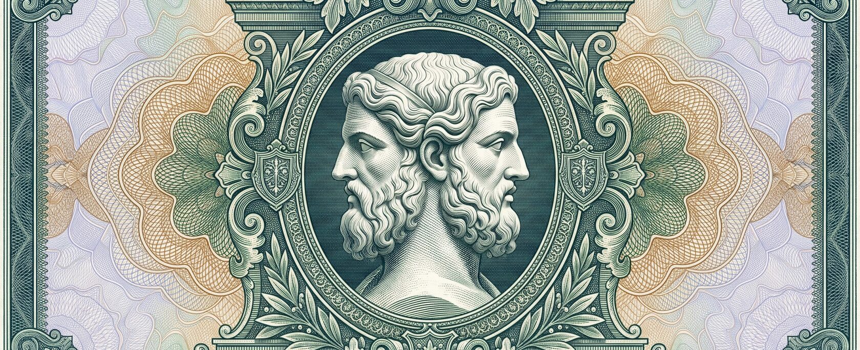 Billet gravé : Janus barbu, deux visages sur une seule tête, dans son médaillon