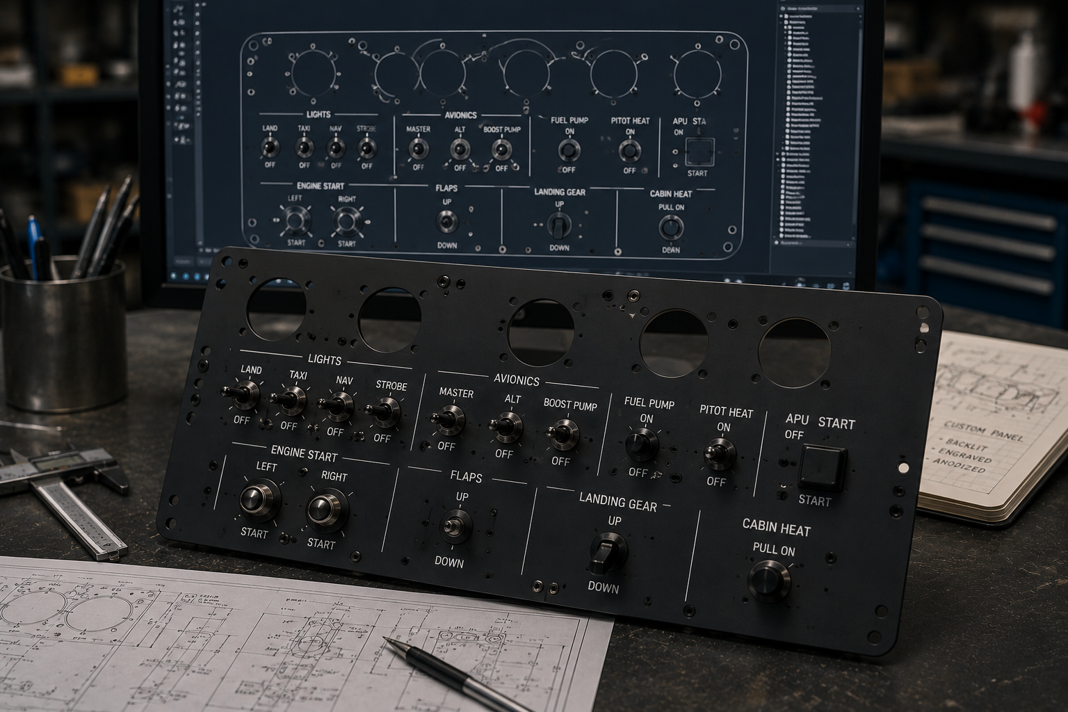 Custom-designed aircraft panel fabricated from scratch