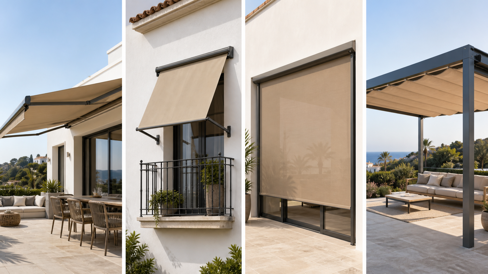 Toldo de brazos extensibles, toldo de punto recto, screen vertical ZIP y pérgola textil
