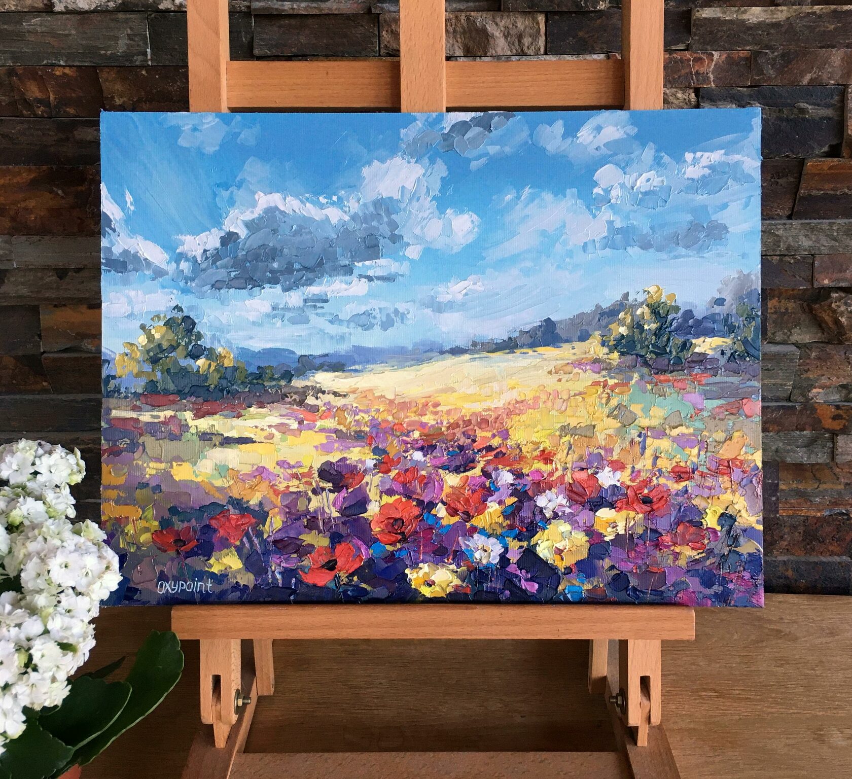 clouds over a flower field oil painting, rural landscape, poppies