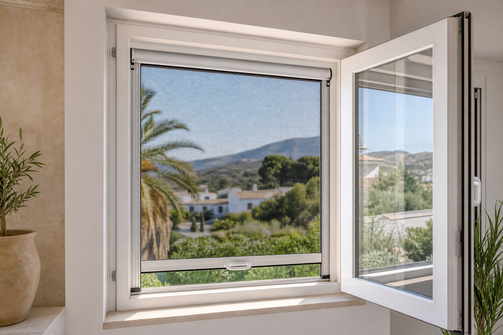 Ventana moderna con mosquitera enrollable