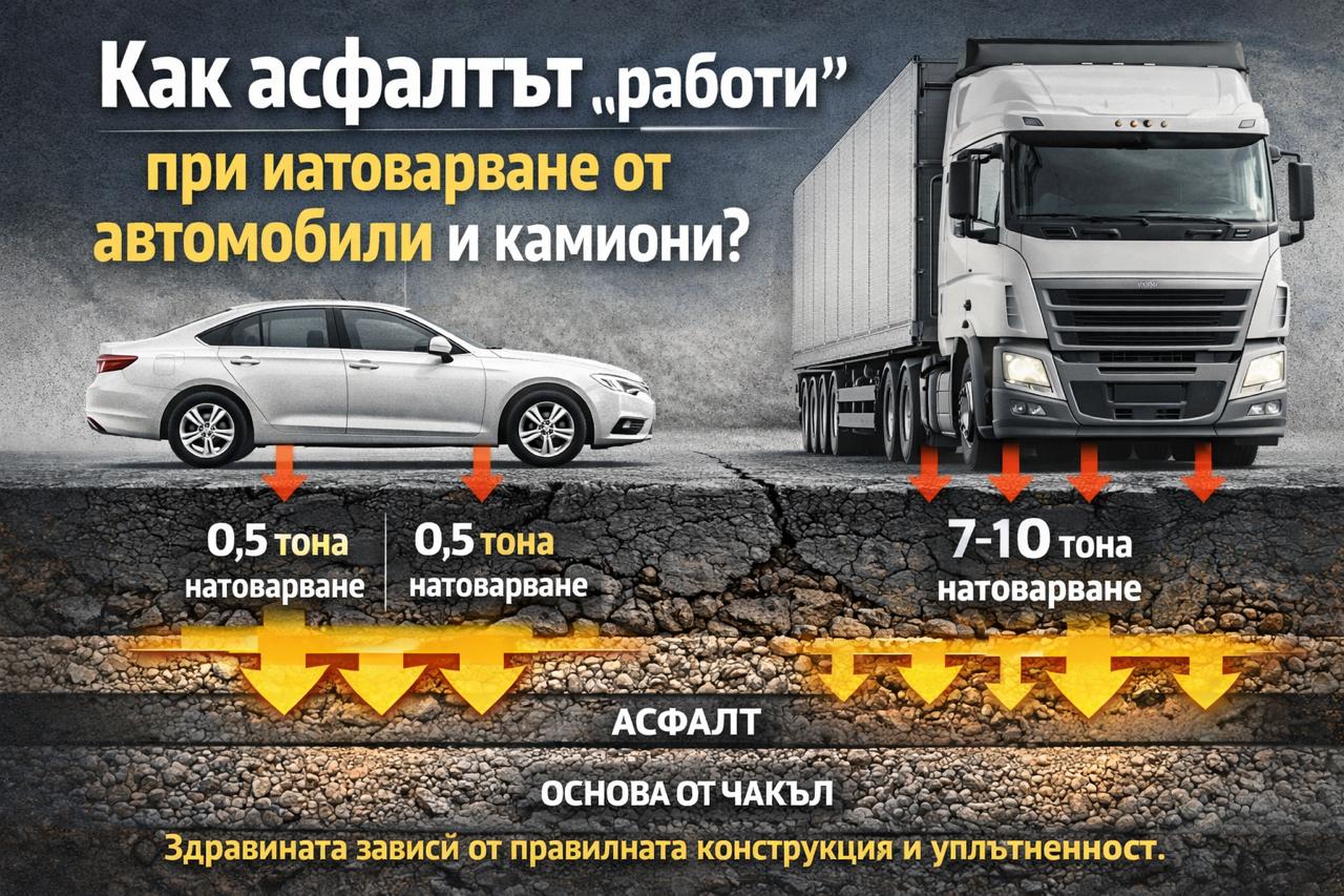 Натоварване на асфалт от автомобил и камион – как асфалтовата настилка разпределя натиска към основата