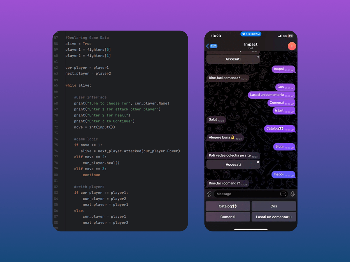 Milan&rsquo;s Python code beside the Telegram bot it powers, showing catalogue and order buttons