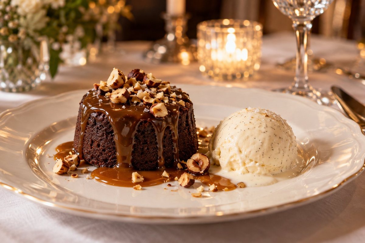 Illustration: chocolate cake with salted caramel from an anniversary menu by private chef Marina Staver, Miami