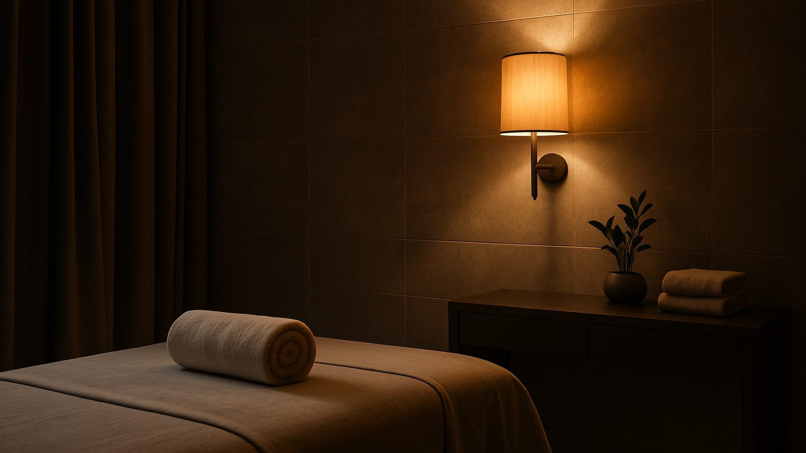Private spa treatment room with a massage table