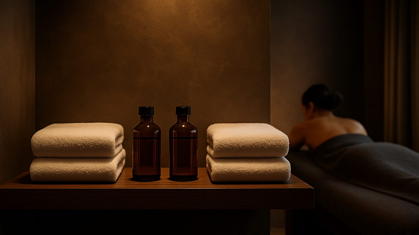 Matching towels and massage oils prepared for a four hands massage