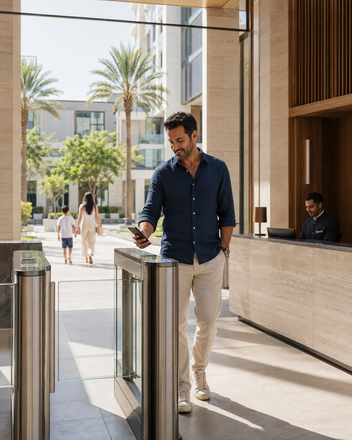 Resident using a smart community mobile application at a modern Dubai access gate