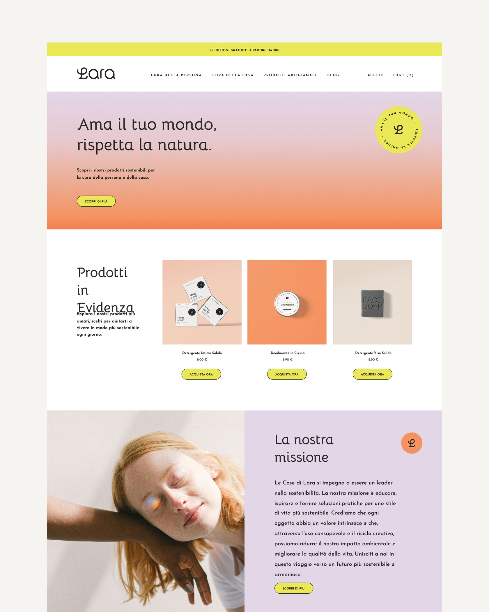 Le Cose di Lara’s e-commerce homepage with a warm, user-friendly layout, designed for an effortless shopping experience.
