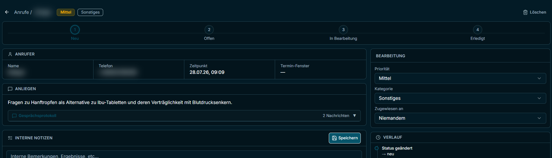 Auswertung der Anrufkategorien im Dashboard für Arztpraxen