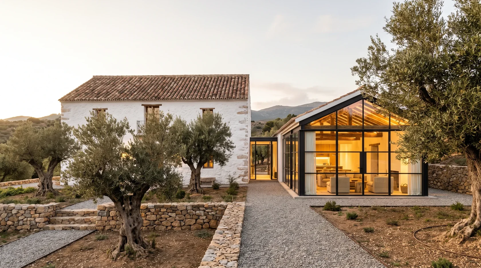 Rustic-modern cortijo contemporáneo with stone walls and glass extension near Benahavís