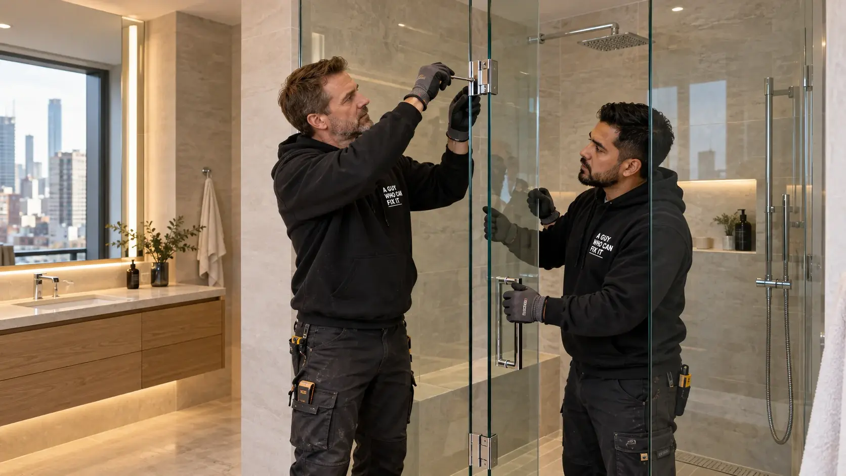 Two A Guy Who Can Fix It technicians adjusting a glass shower door in a modern Manhattan bathroom