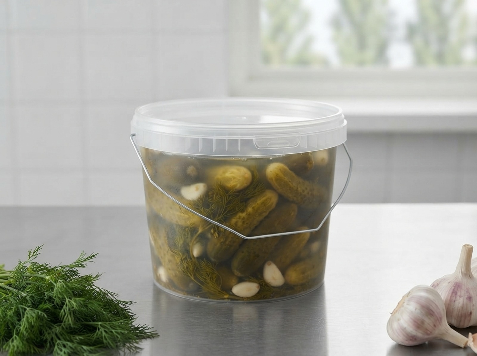 Прозрачное пластиковое ведро 2,3 литра с маринованными огурцами и крышкой на стальном столе засолочного цеха, рядом укроп и чеснок