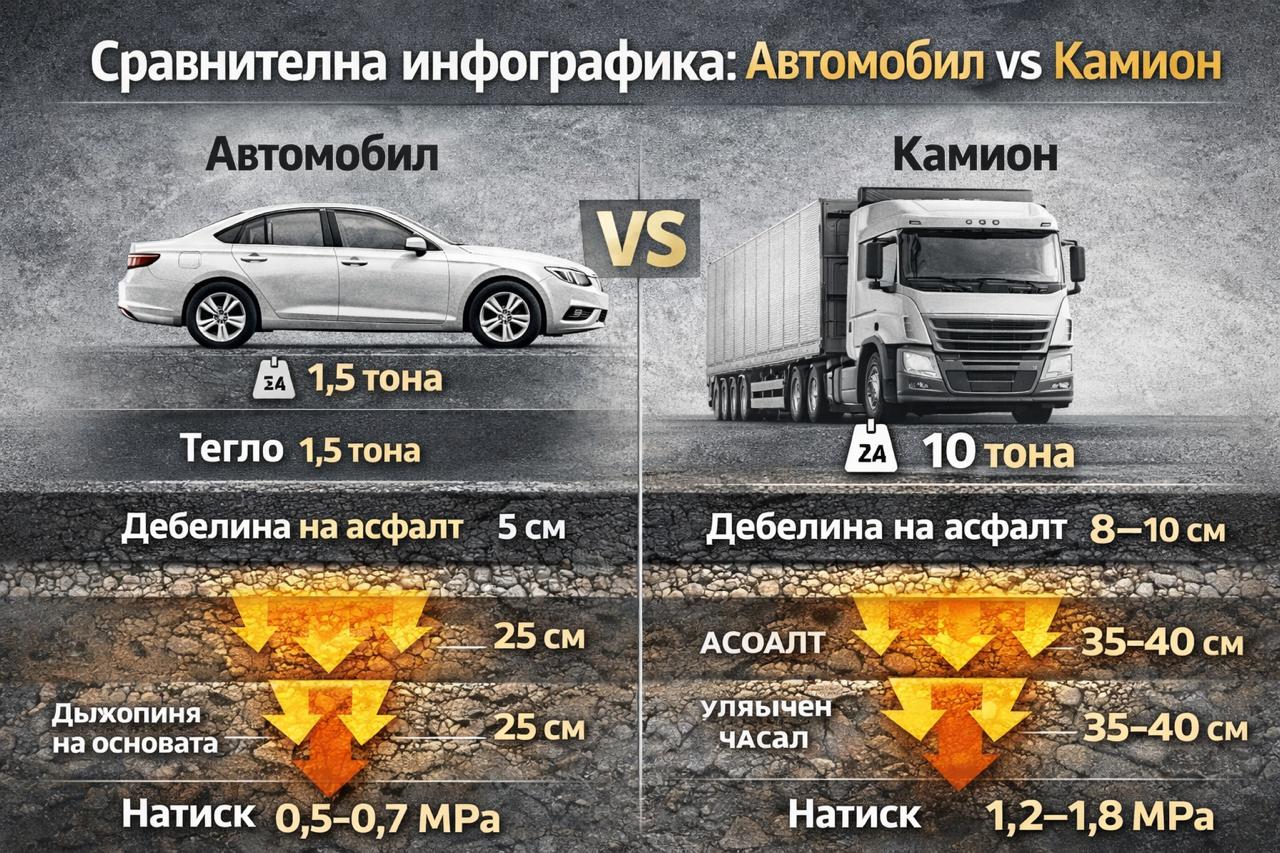 Разлика в натиска върху асфалта между лек автомобил и тежък камион