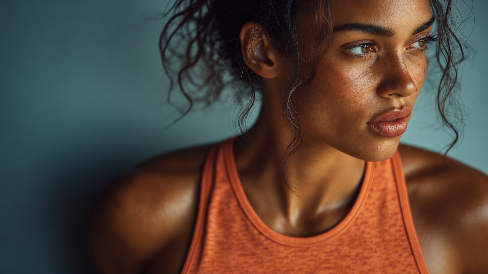 Woman in an orange training top looking to the side