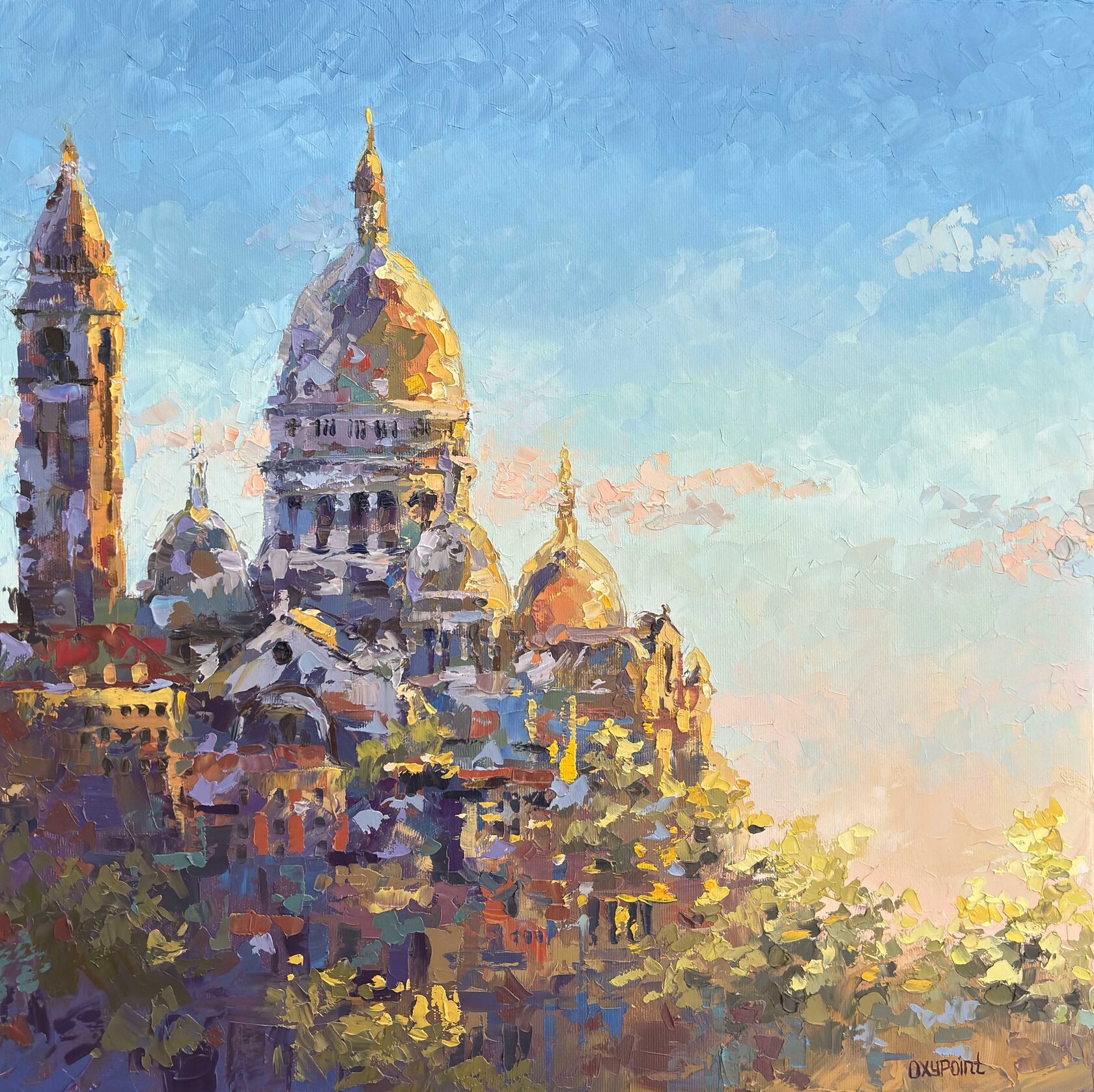 Paris oil painting, Basilica of the Sacred Heart of Montmartre abstract art, Basilica of Sacré Cœur de Montmartre landscape knife painting, artist OXYPOINT Oxana Kravtsova, painting for sale 