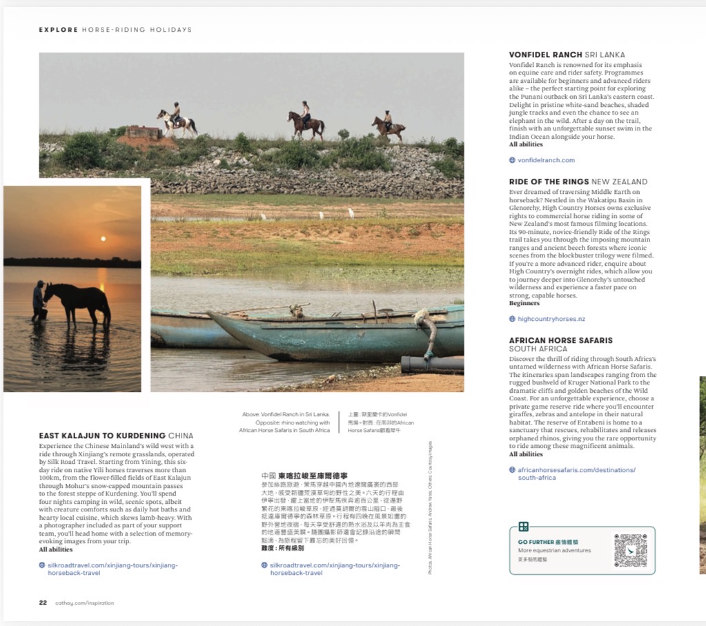 Vonfidel Ranch featured in Cathay Pacific Inspiration among international horse-riding holiday destinations.