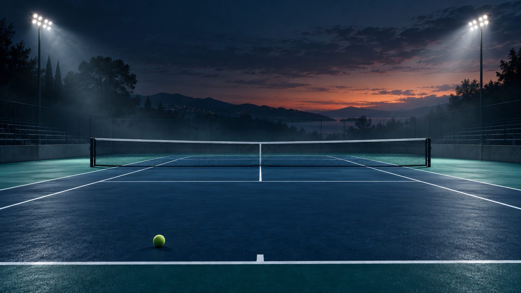 Empty blue tennis court under lights at dusk