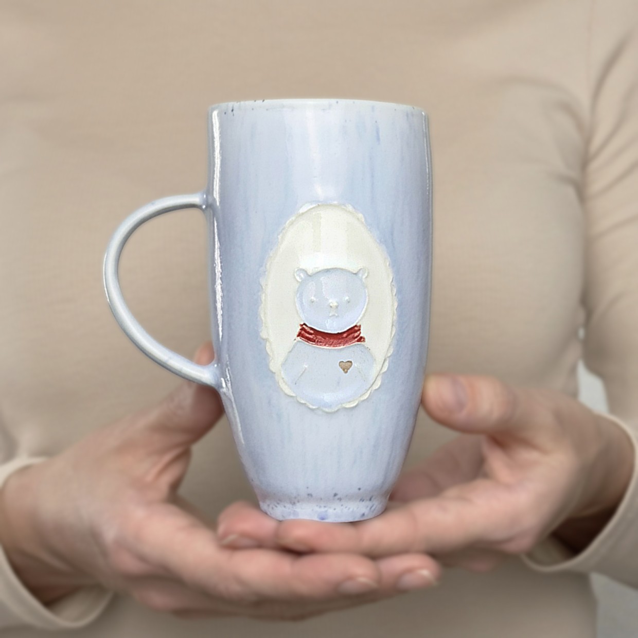 Artist-made light blue ceramic mug with a sculpted teddy bear, handcrafted unique pottery cup for tea or coffee