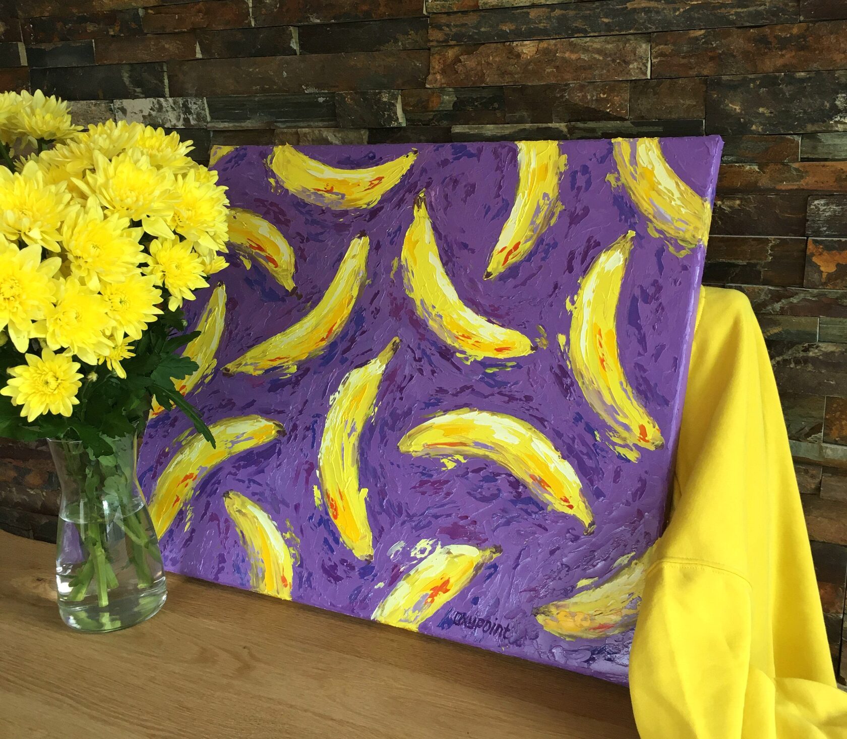 bananas oil painting, pop art, yellow and purple abstract art, banan knife painting, artist OXYPOINT Oxana Kravtsova, painting for sale 