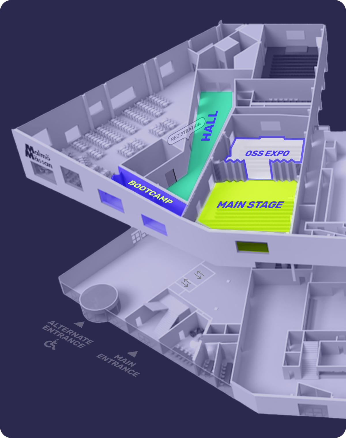 A plan of a building. The different areas are marked in different colors on the map.
