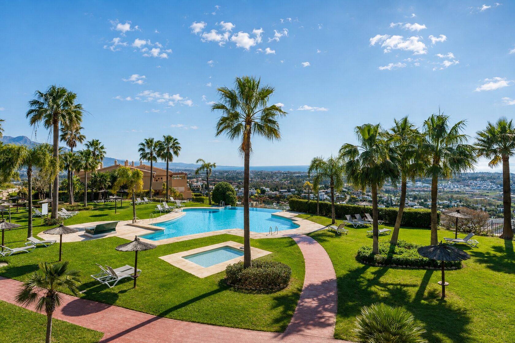 Gardens and the pool seen from above at Senorio de Cifuentes