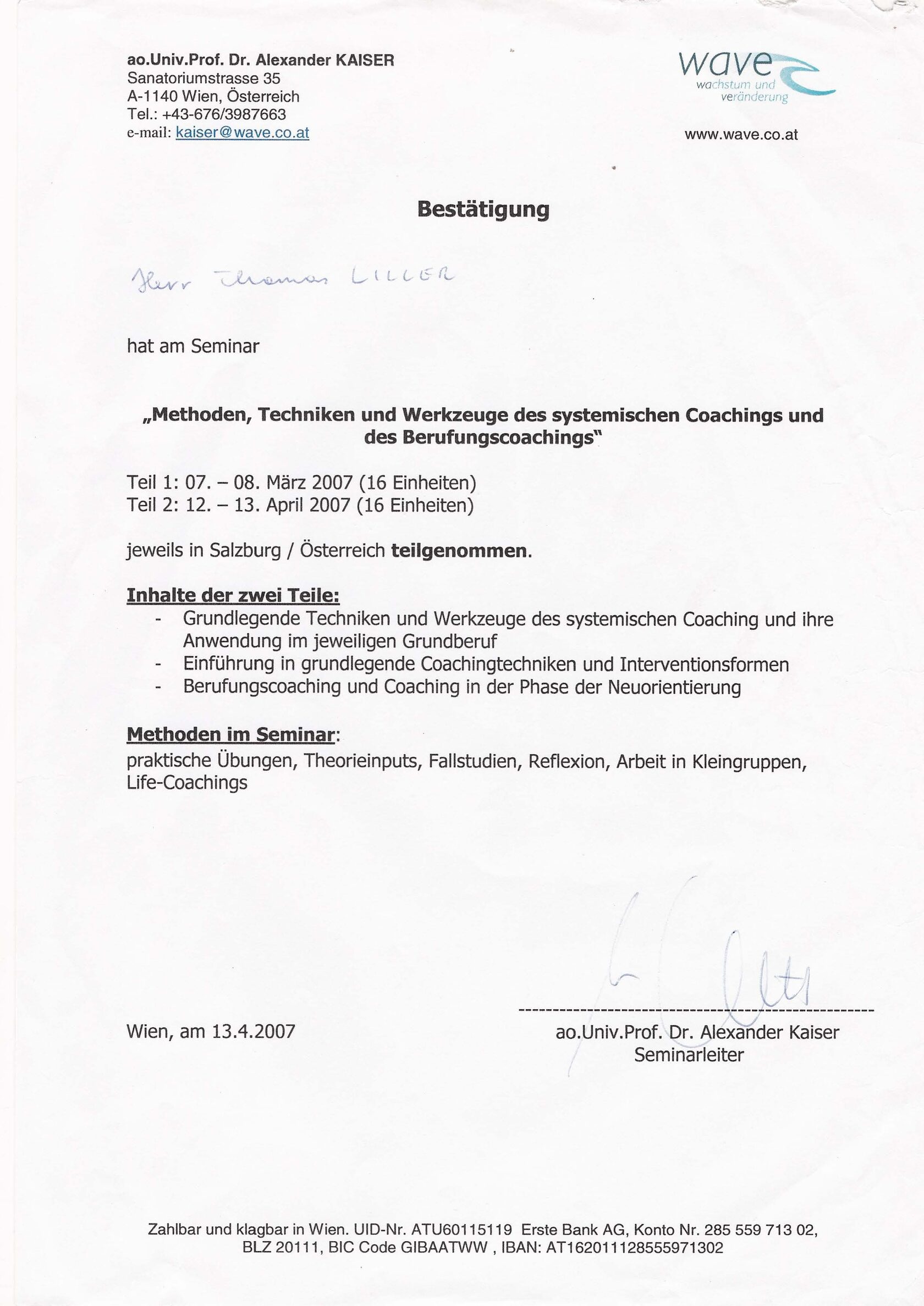 Zertifikat: Systemisches Coaching und Berufungscoaching