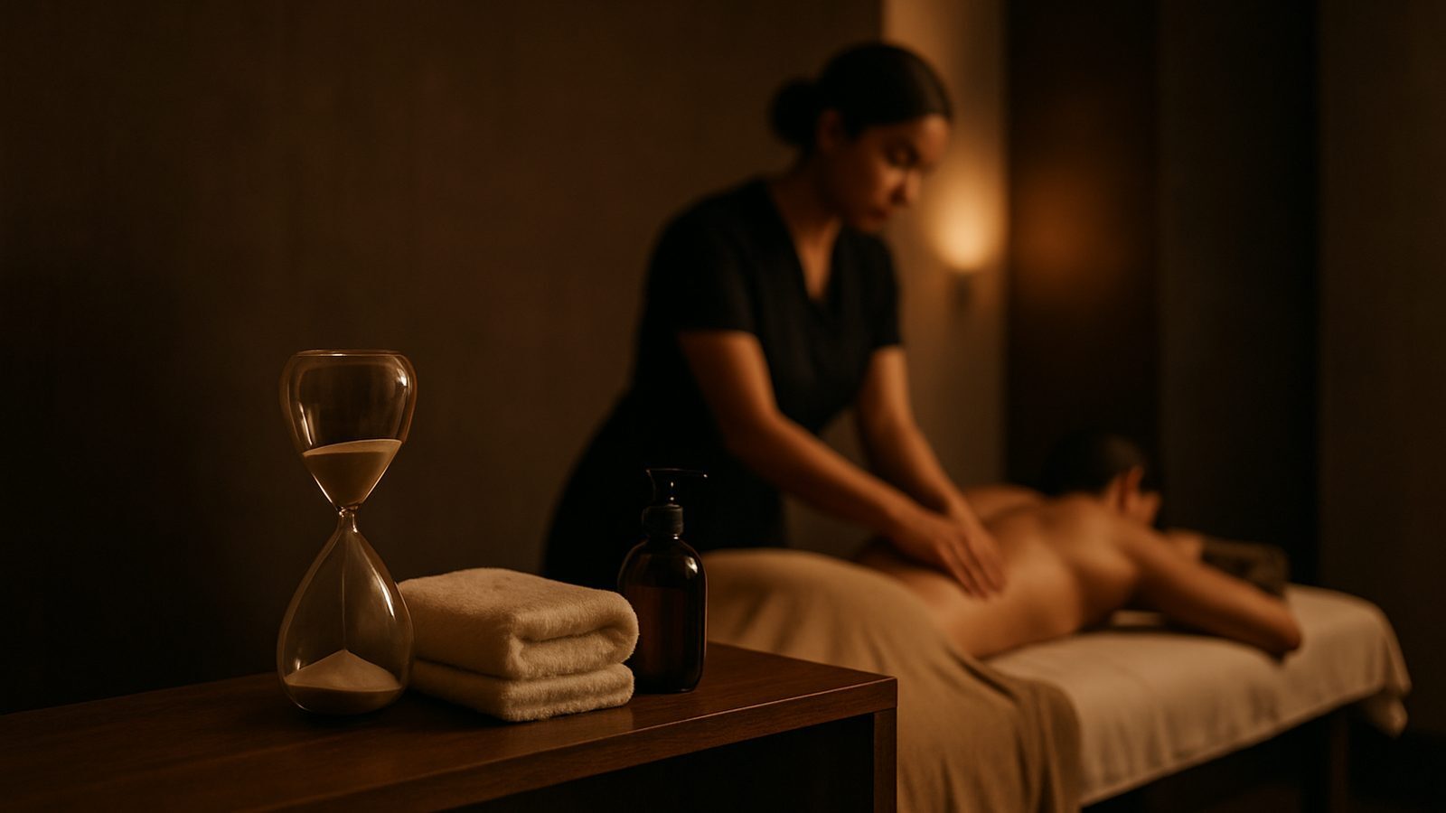 Sand timer, towels and massage oil in a spa treatment room