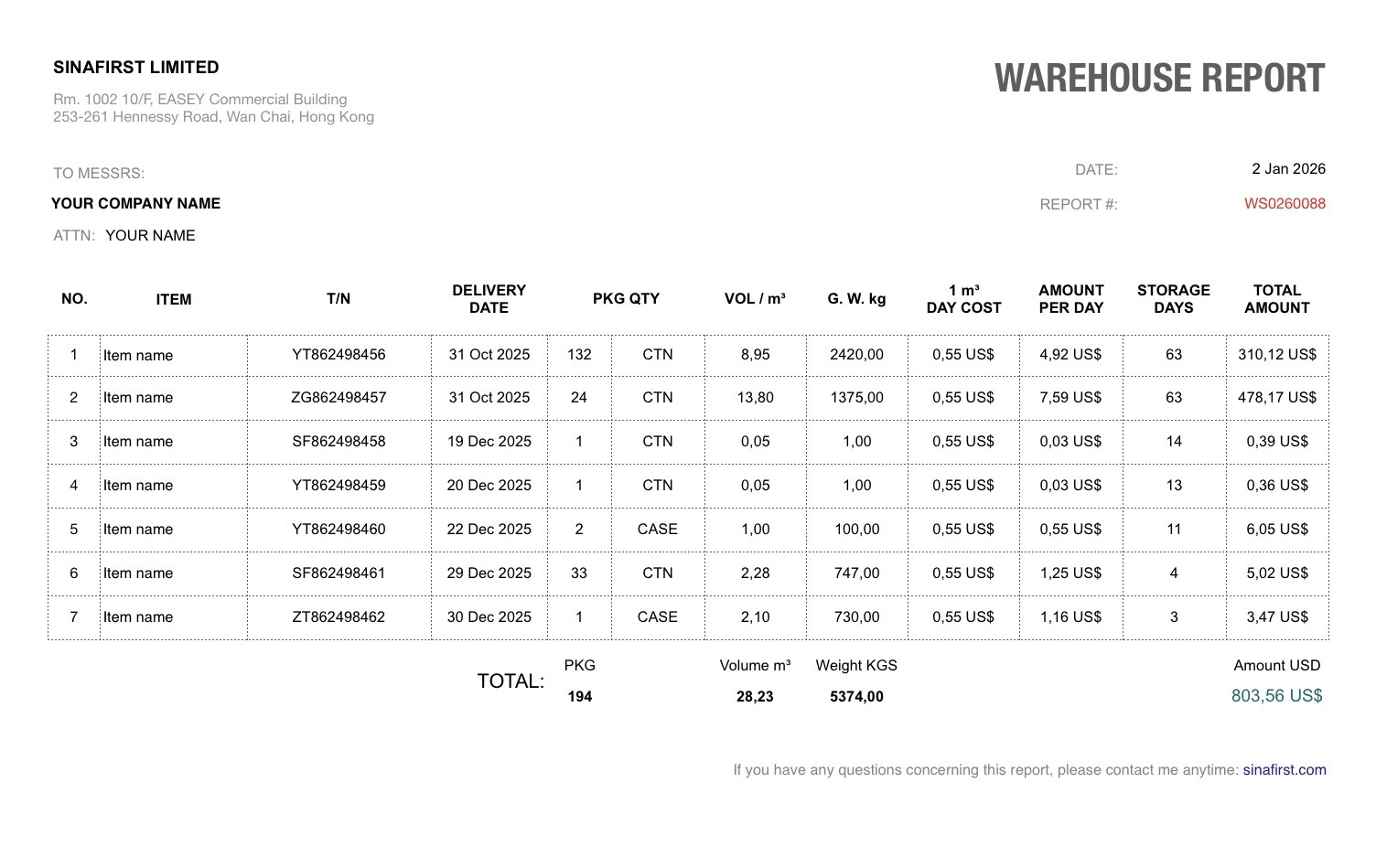 SinaFirst warehouse report WS0260088 — 194 packages, 28.23 cbm in storage records per shipment received, sample, January 2026