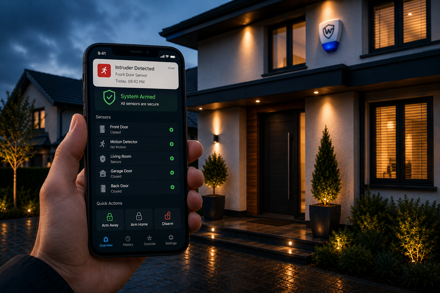 Intruder alarm system monitored and controlled from a smartphone