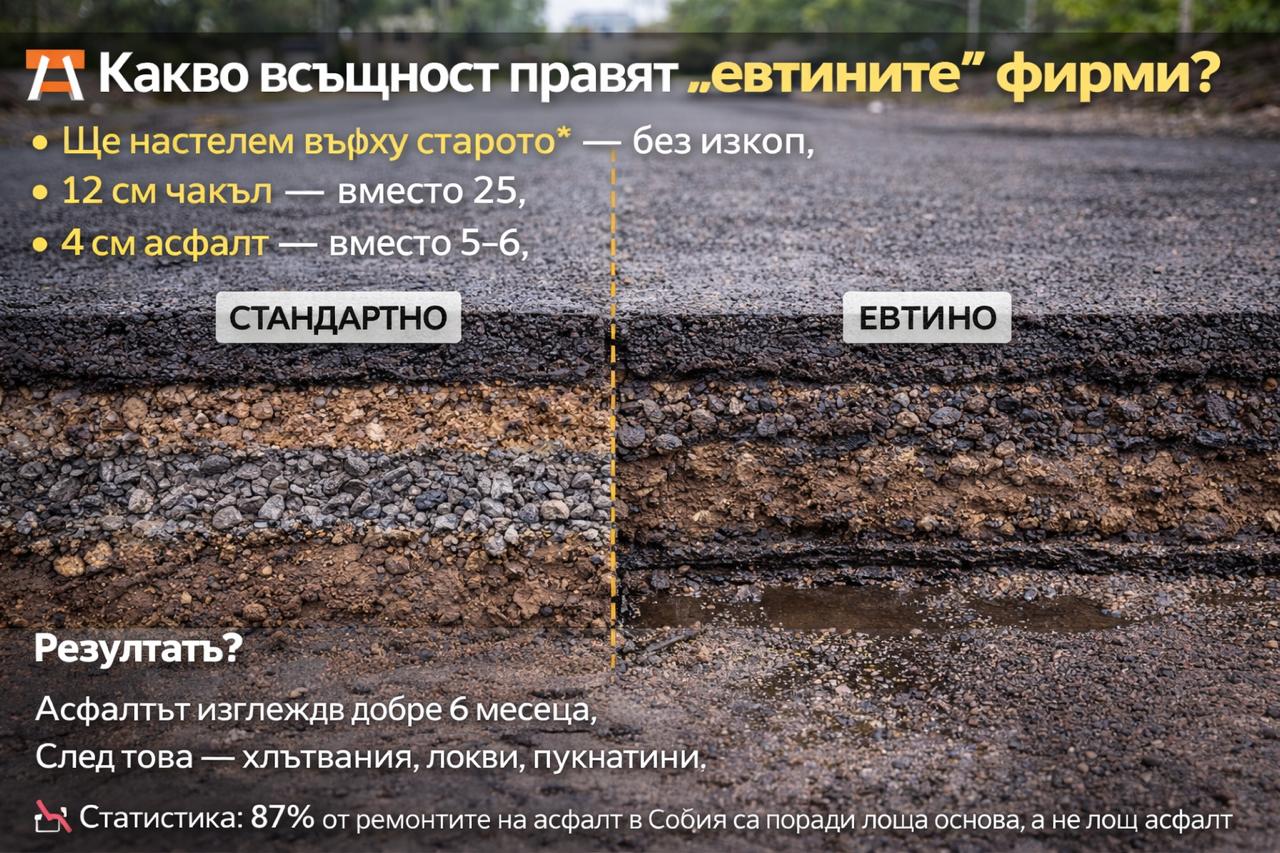 Евтино асфалтиране върху старо покритие без изкоп и с недостатъчна основа – честа причина за хлътвания, локви и напукване след кратко време