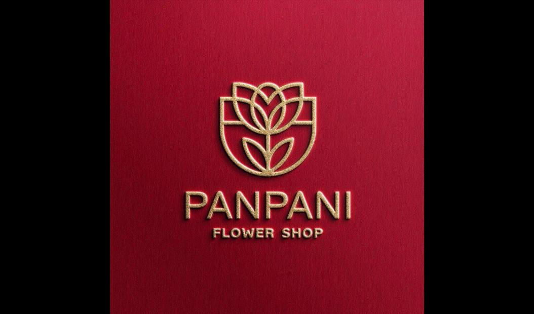 Золотий логотип PANPANI flower shop на червоному фоні