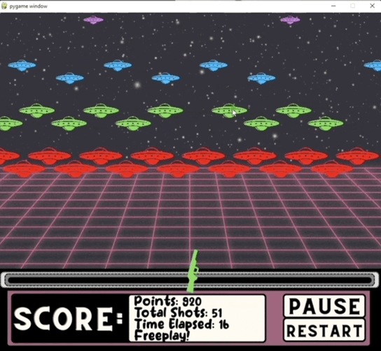 A space shooter game: rows of UFOs above a neon grid, a small spaceship below and a score panel