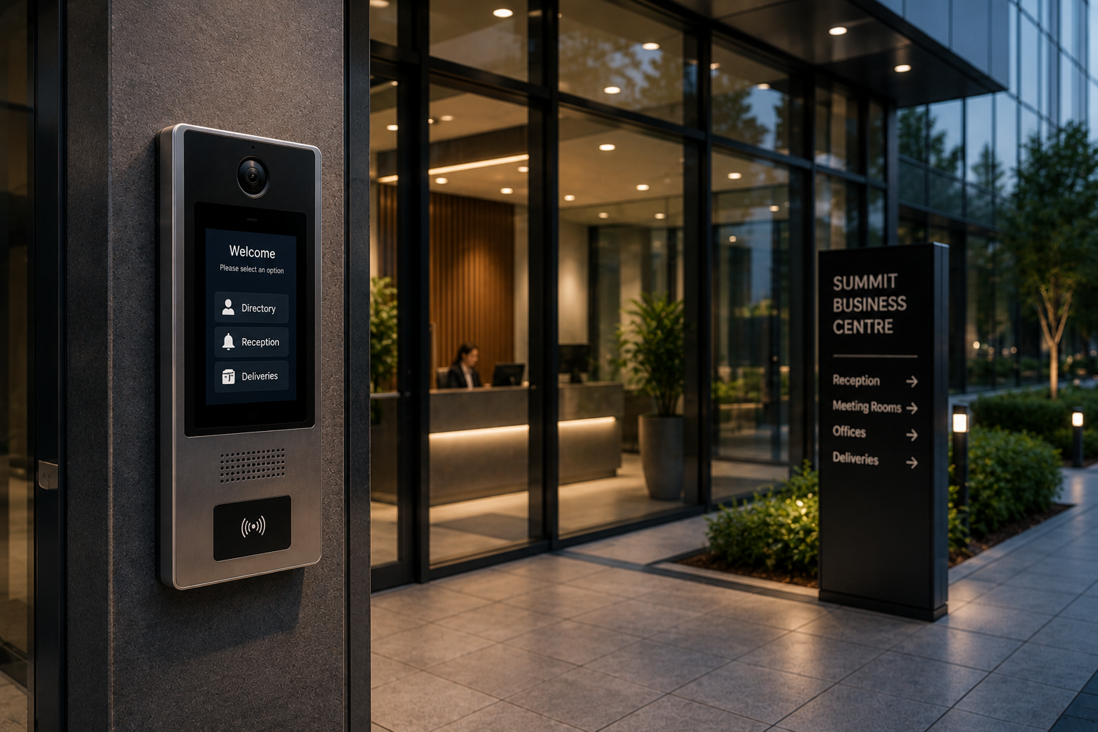 Commercial office entrance protected by a smart intercom system