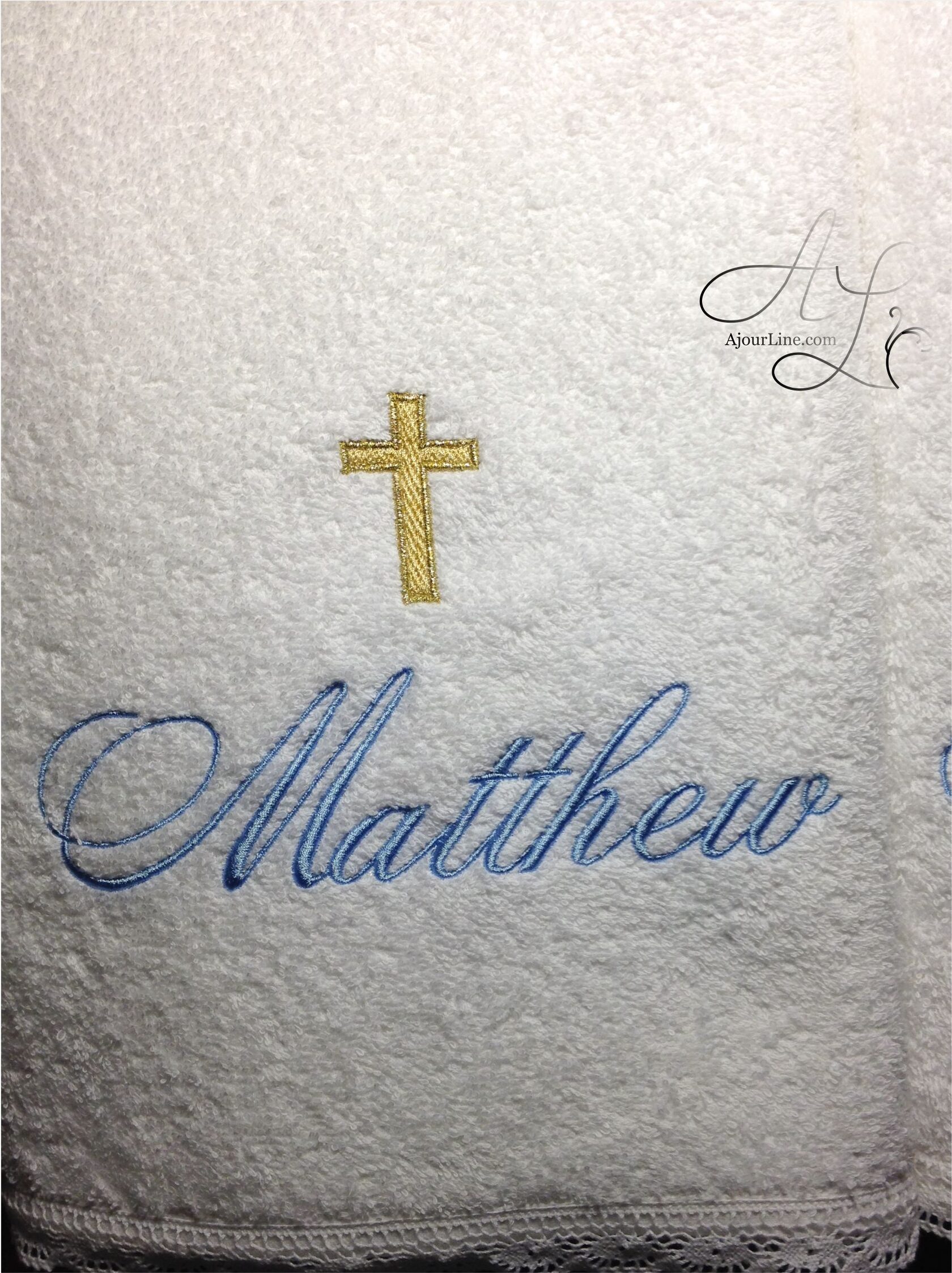 Personalized terry towel with custom embroidery for christening, made to order in Riga, worldwide shipping.