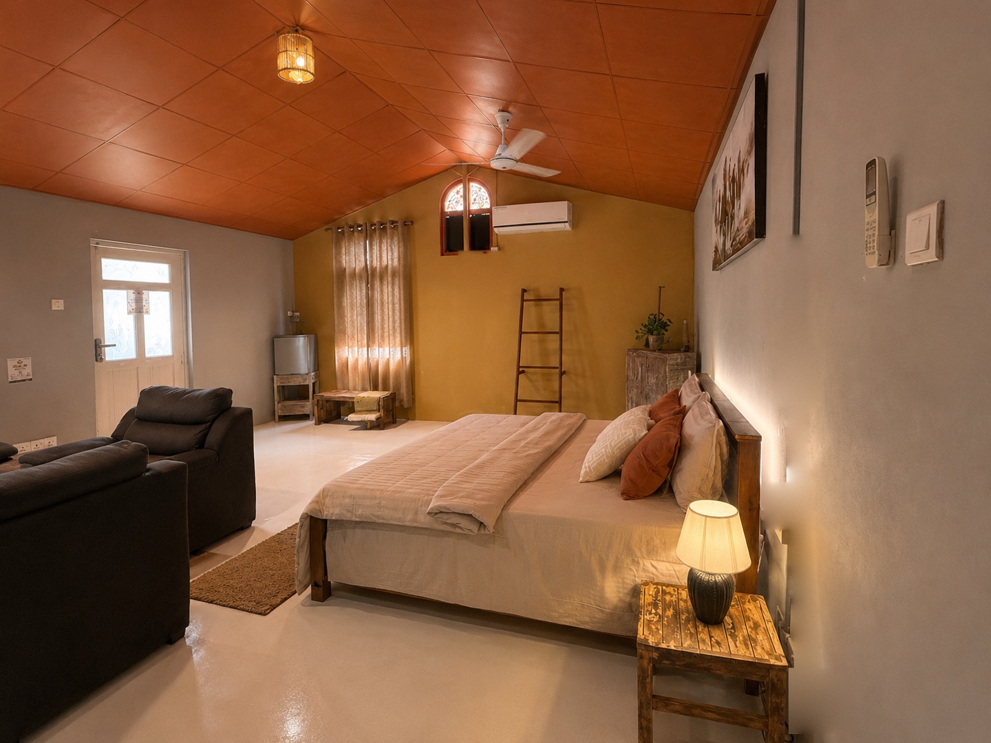 The Tack Room bedroom and sitting area for riding-holiday guests at Vonfidel Ranch.